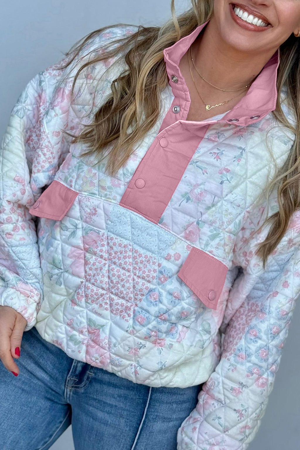 Pink Floral Quilted V-Neck Plus Size Fake Pocket Sweatshirt