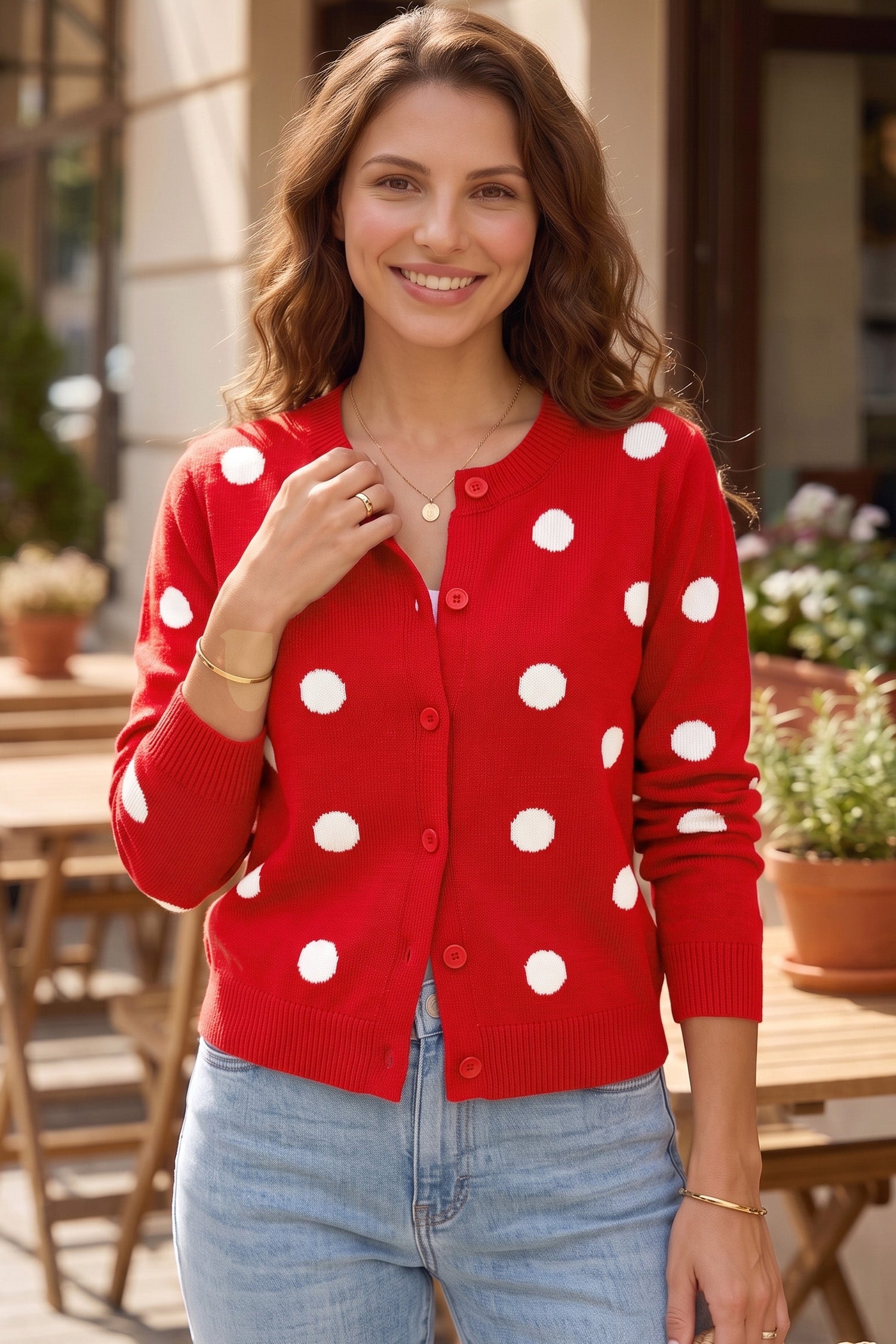 Bluing Casual Polka Dot Button Front Long Sleeve Sweater Cardigan