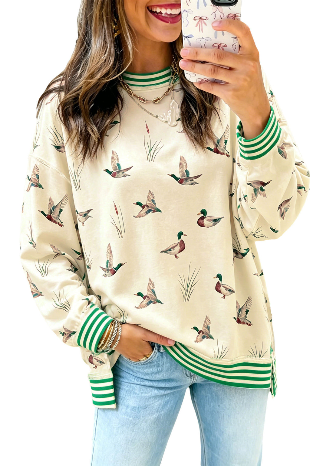 Beige Duck Print Striped Trim Cuffs Round Neck Casual Sweatshirt