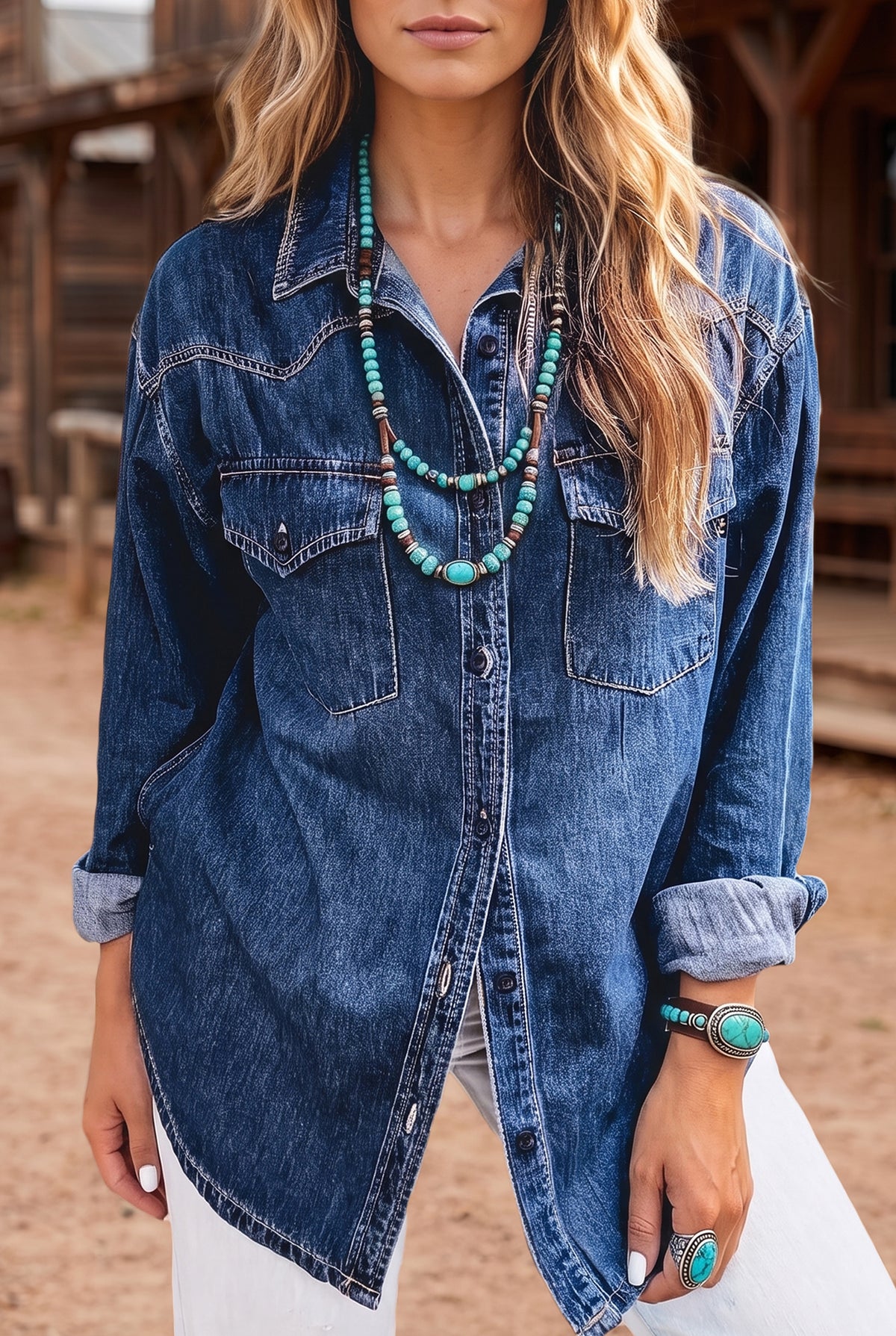 Sail Blue Western Patch Pockets Tunic Length Long Sleeve Denim Shirt