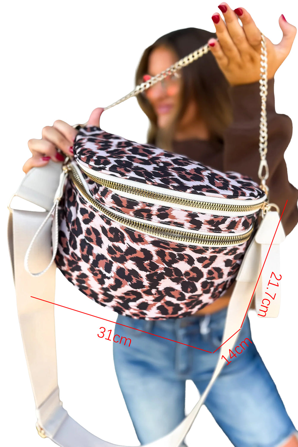Chestnut Leopard Printed Double Zip PU Leather Crossbody Bag