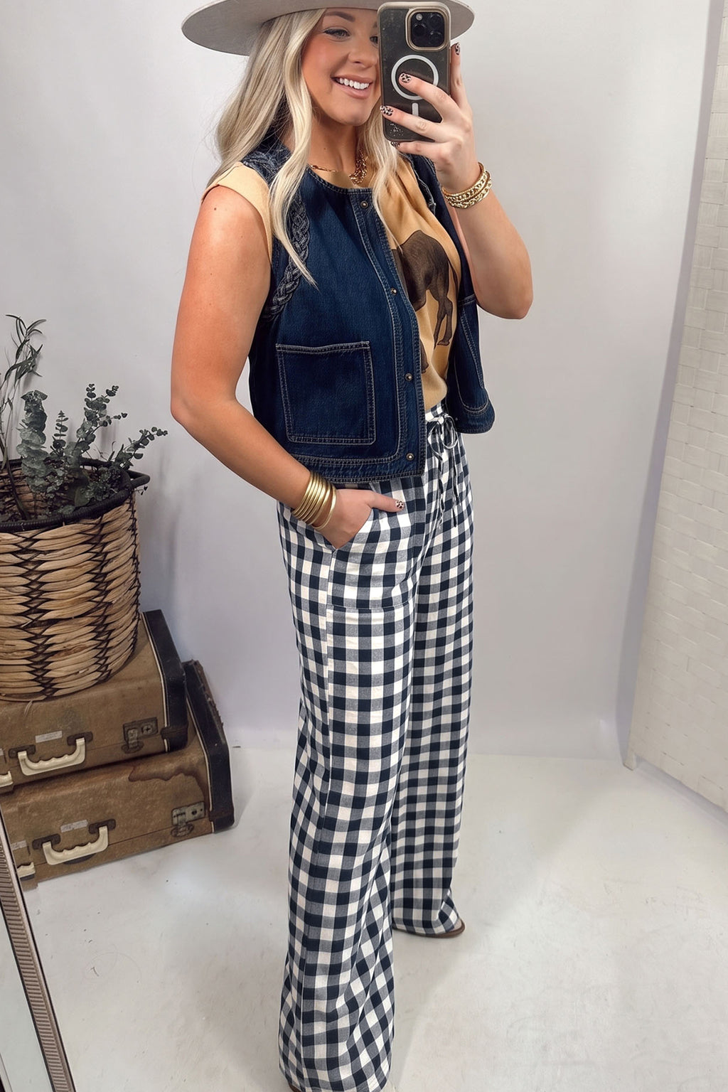 Blue Gingham Plaid Tie Elastic Waist Shift Pants