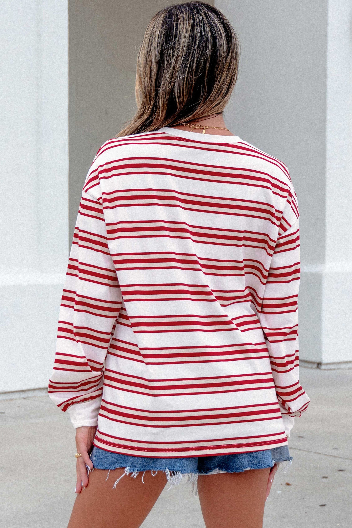 Red Stripe Dropped Shoulder Long Sleeve Casual Pullover Top