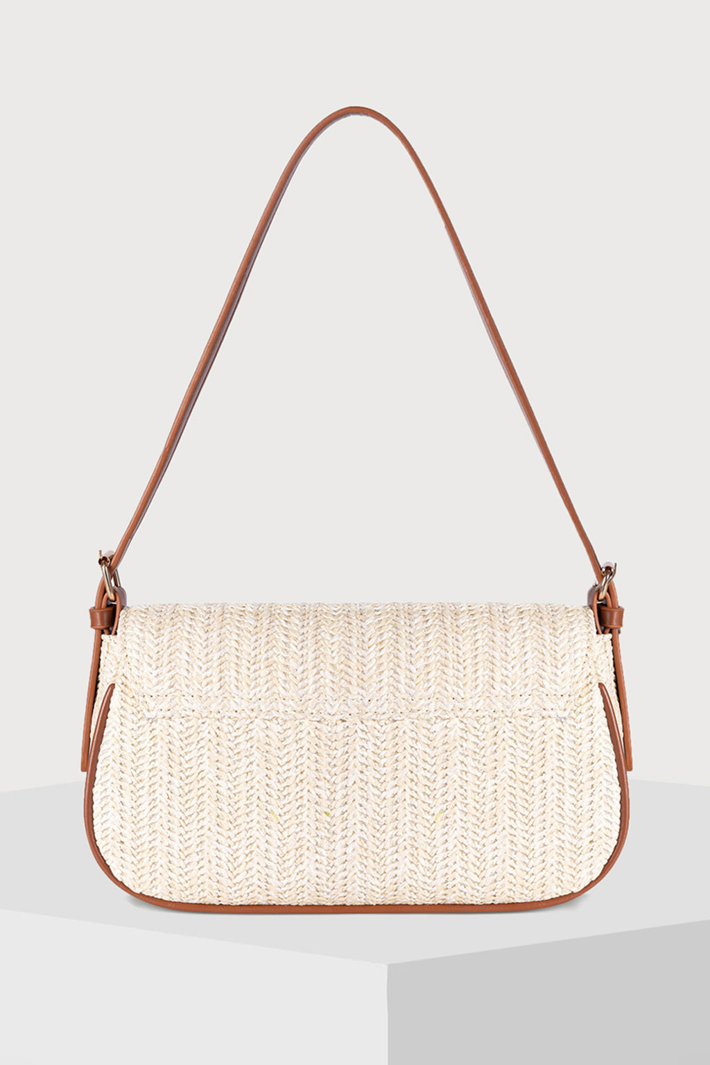 White Raffia Woven PU Leather Trim Shoulder Bag