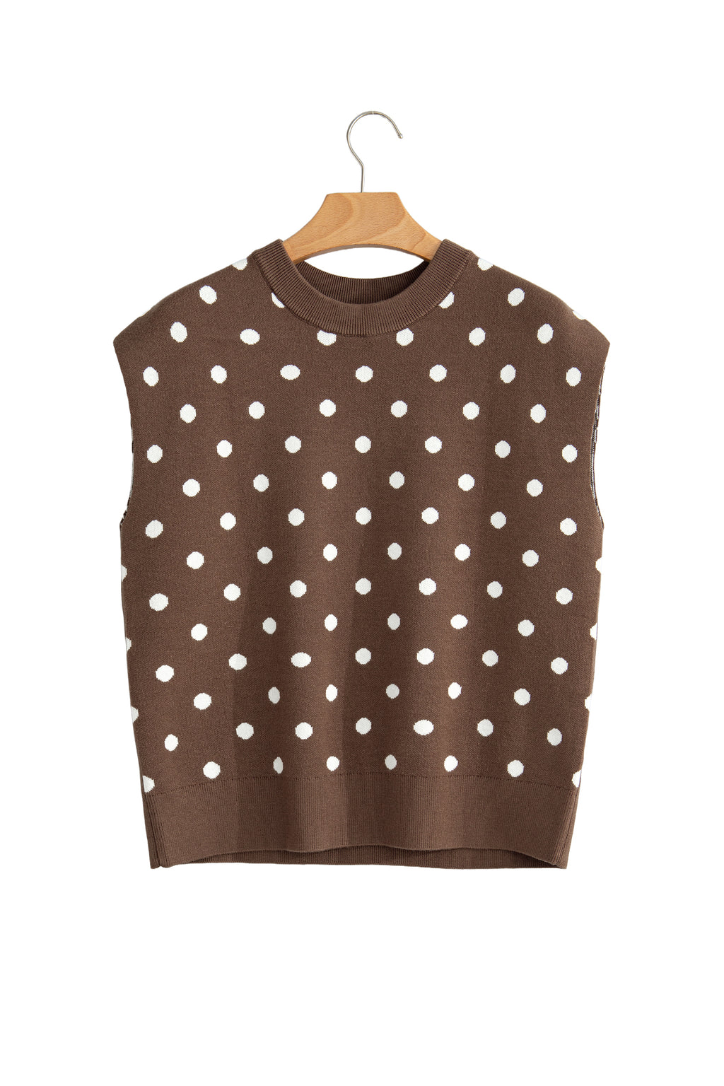Brown Dolman Short Sleeve Round Neck Polka Dot Sweater