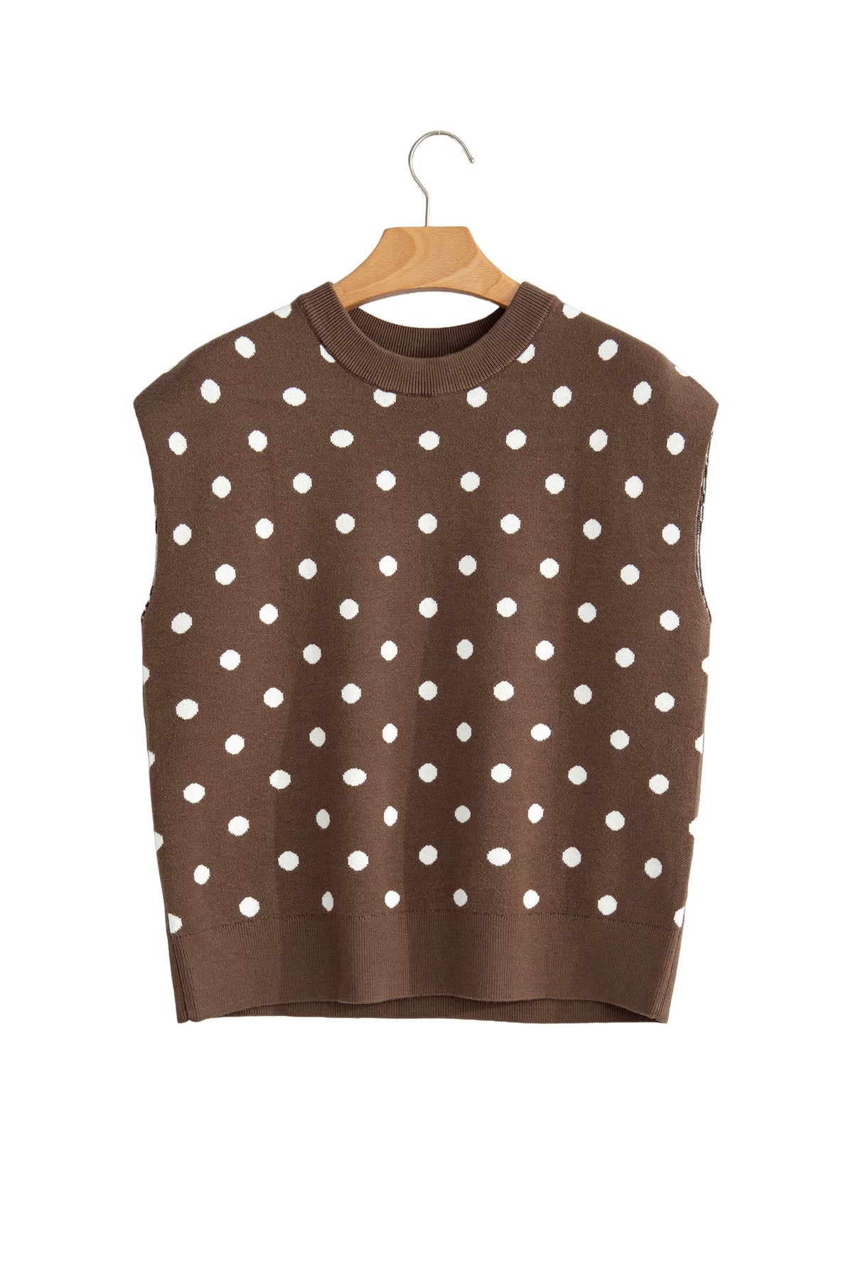 Brown Dolman Short Sleeve Round Neck Polka Dot Sweater