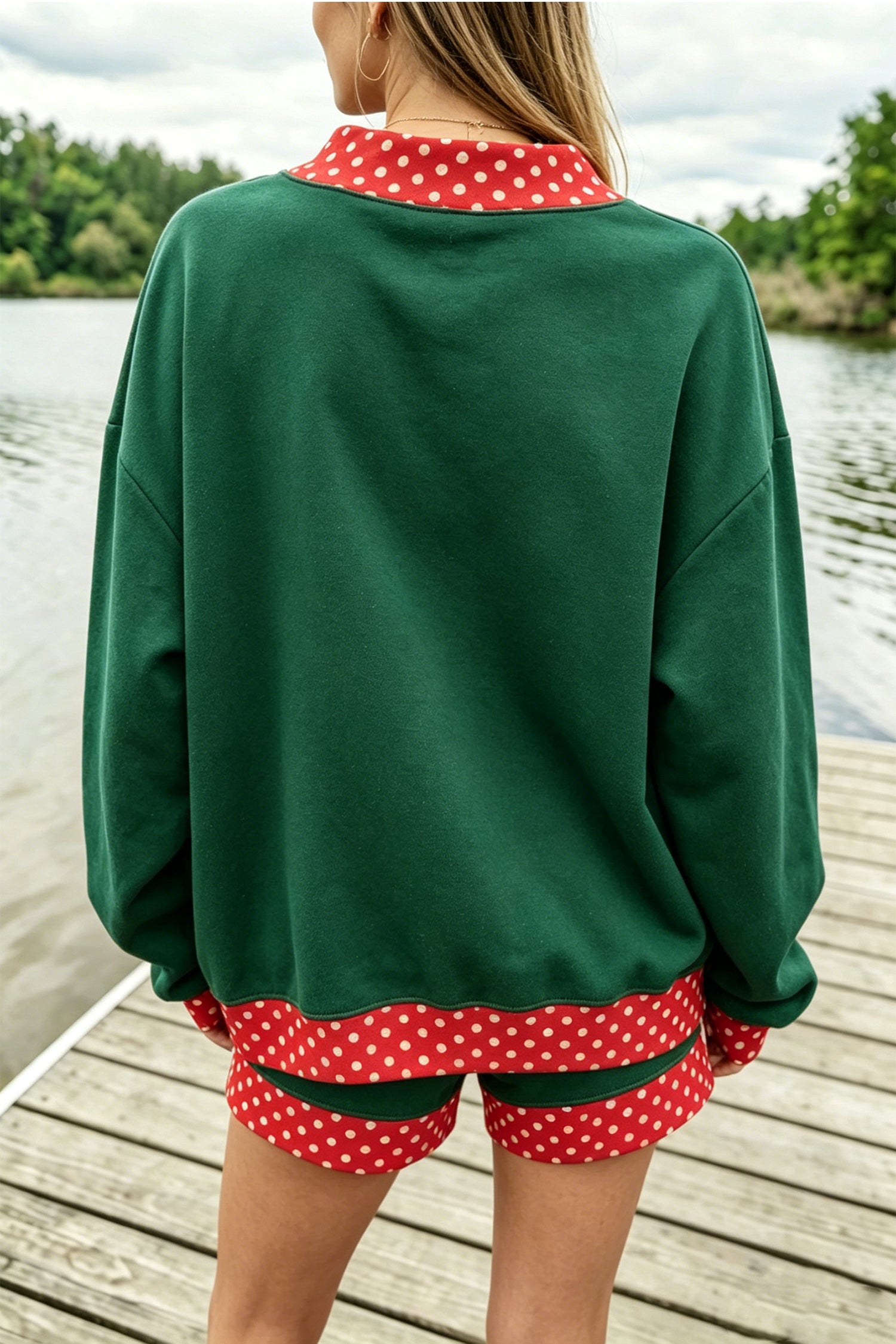 Racing Red Polka Dot Trim Baggy Pullover 2pcs Short Set