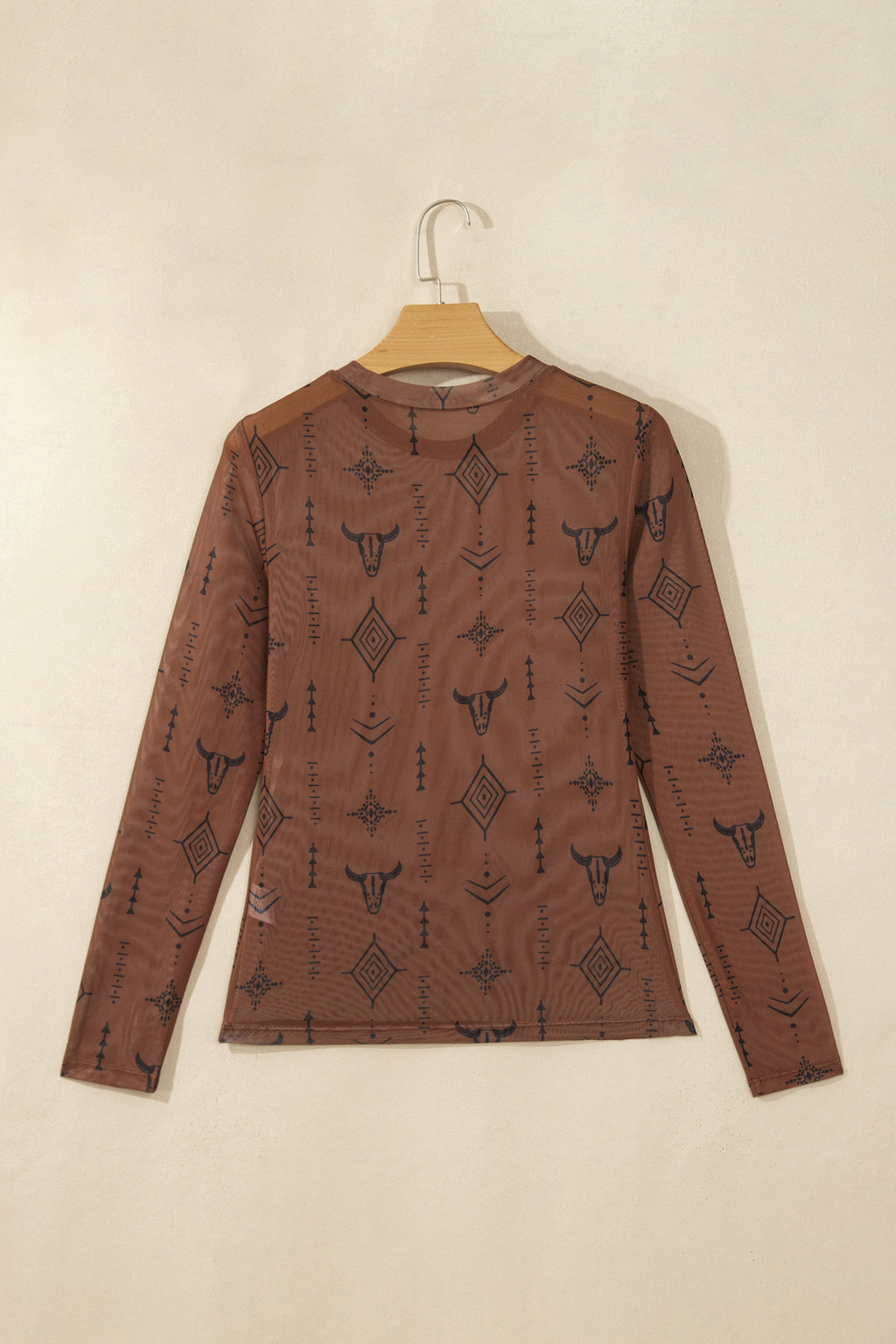 Chestnut Retro Western Print Mesh Long Sleeve Sheath Top