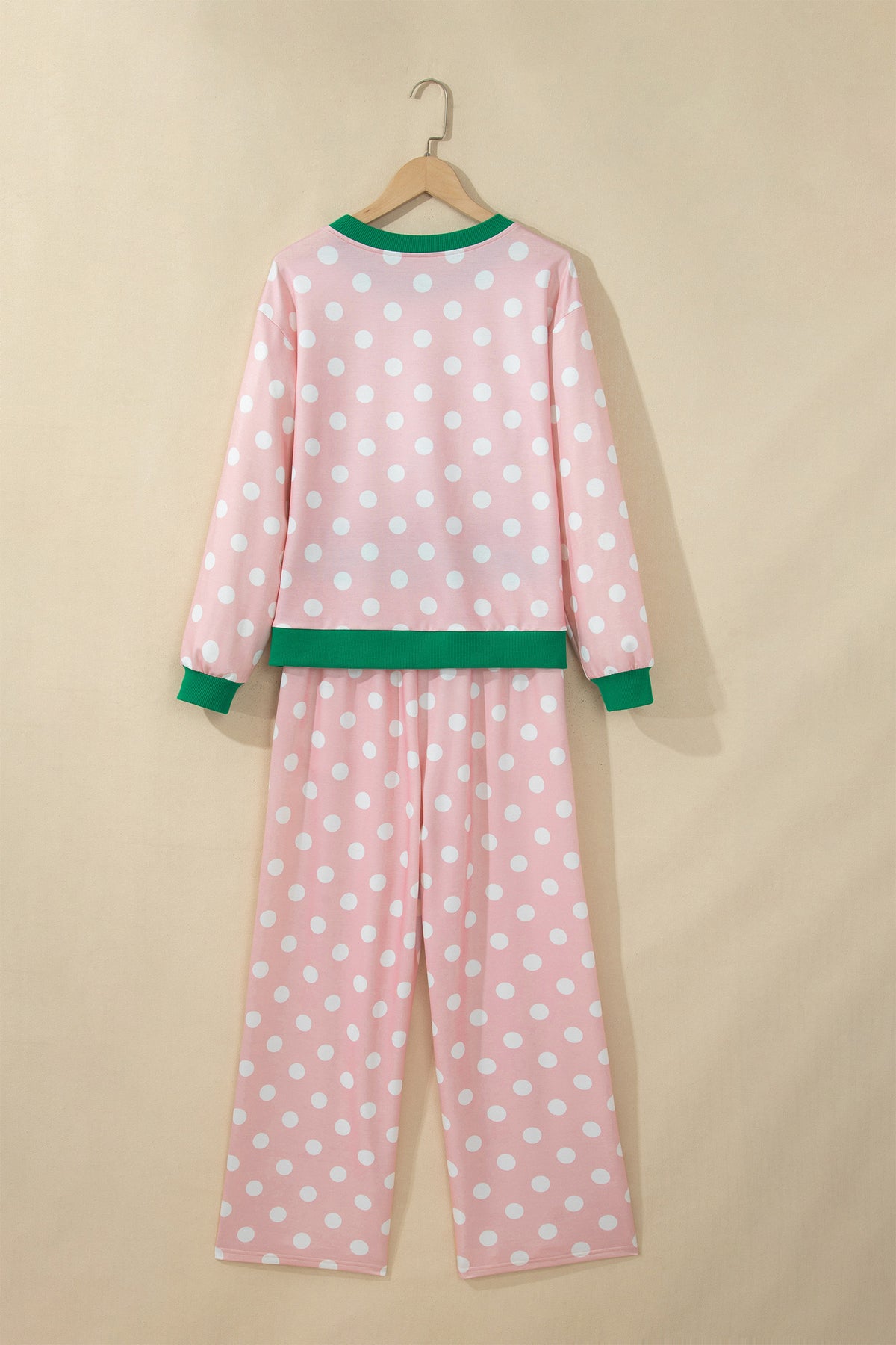 Pink Polka Dot Contrast Trim Long Sleeve Top Drawstring Shift Pants Set