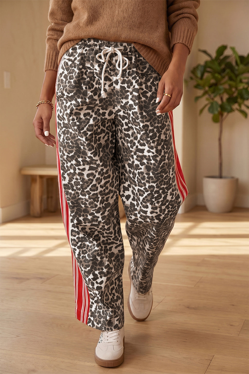 Brown Leopard Patchwork Elastic Waist Jeans