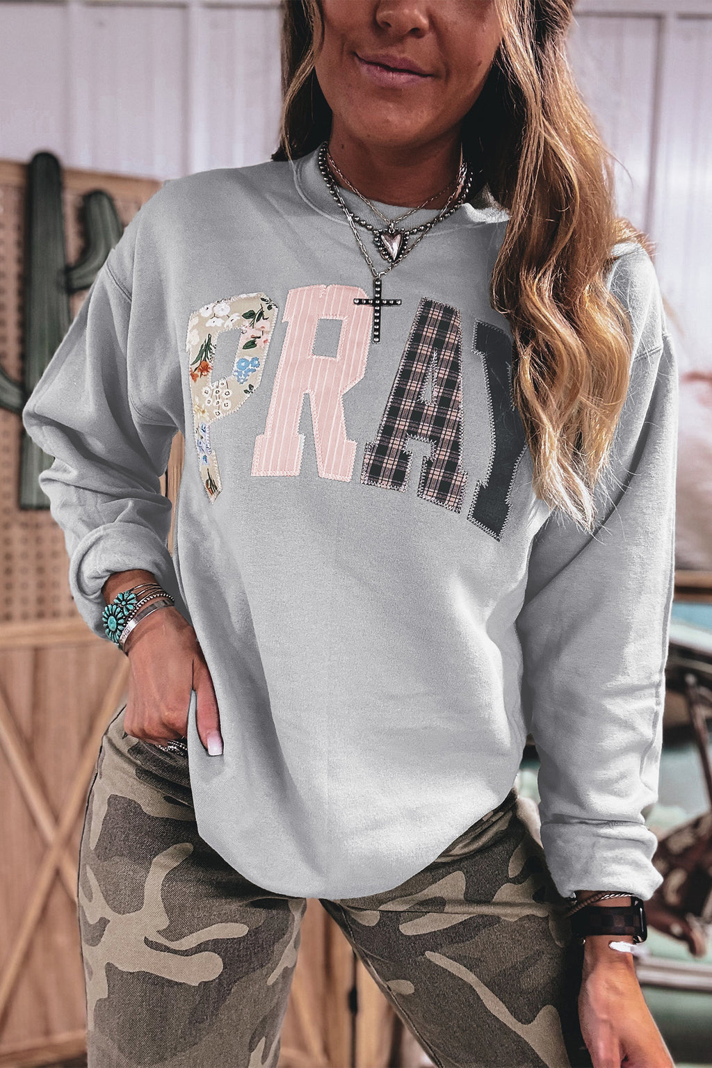 Green Bay Floral Buffalo Plaid Striped Embroidered Patch Western Pullover Sweatshirt