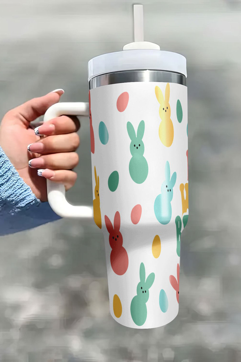 White DONT WORRY BE HOPPY Bunny Print Thermal Tumbler 40oz