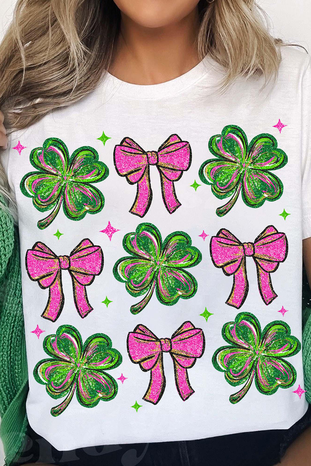 White St Patrick Shamrock Bowknot Printed Crewneck Tee