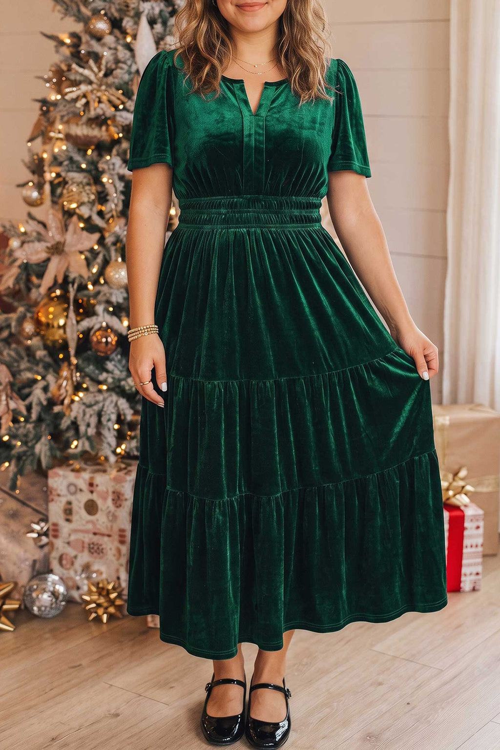 Blackish Green Velvet Short Sleeve Shirred Waist Tiered Plus Size Maxi Dress