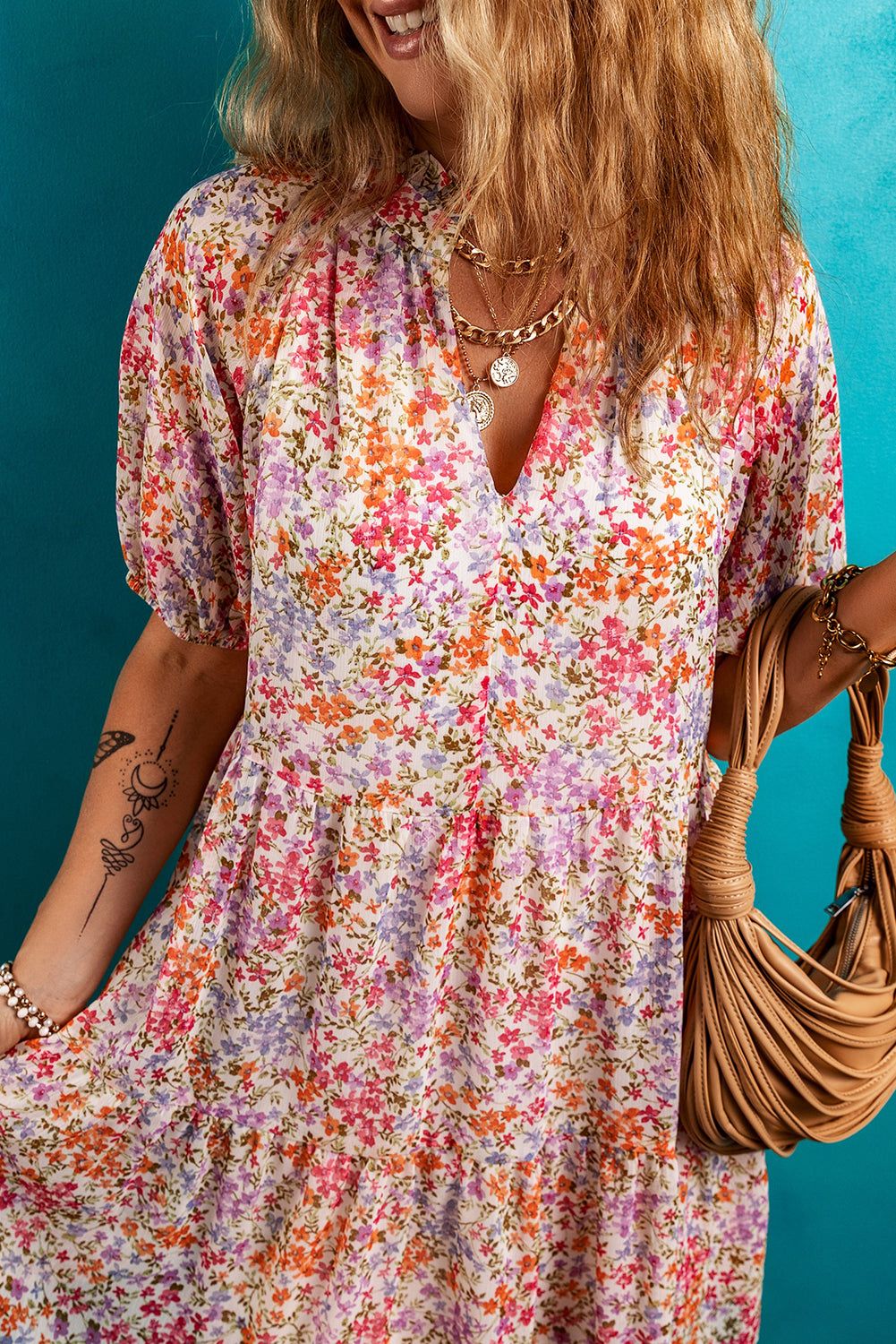 Red Floral Puff Sleeve Notched V Neck Tiered Mini Dress