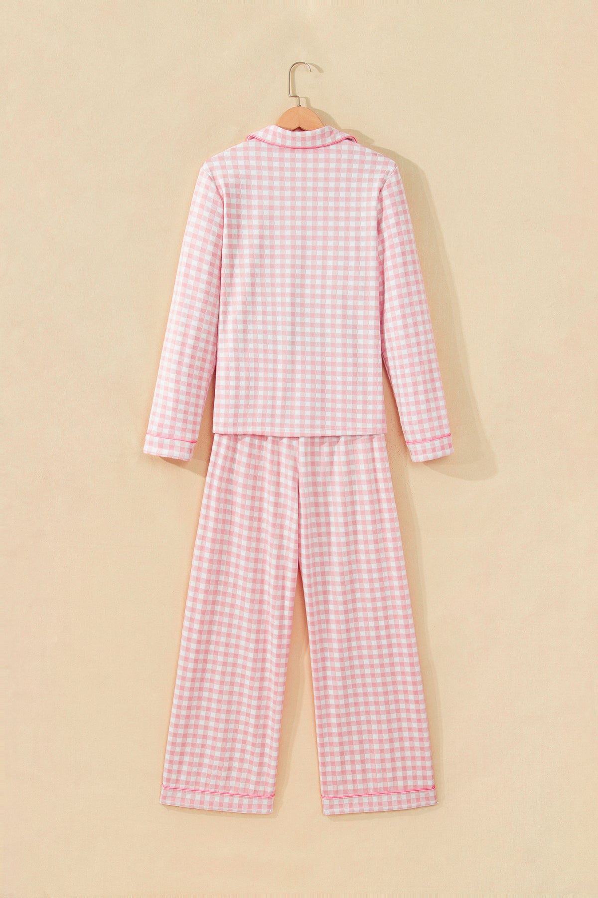 Pink Gingham Long Sleeve Lapel Shirt 2pcs Pajama Pant Set