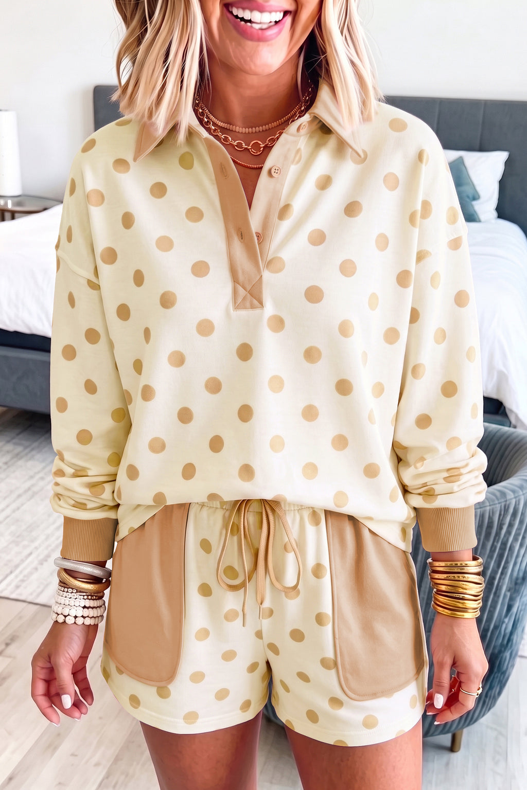 Sky Blue Polka Dot Drop Shoulder Polo Loose Pullover Patch Pocket Casual Shorts Set