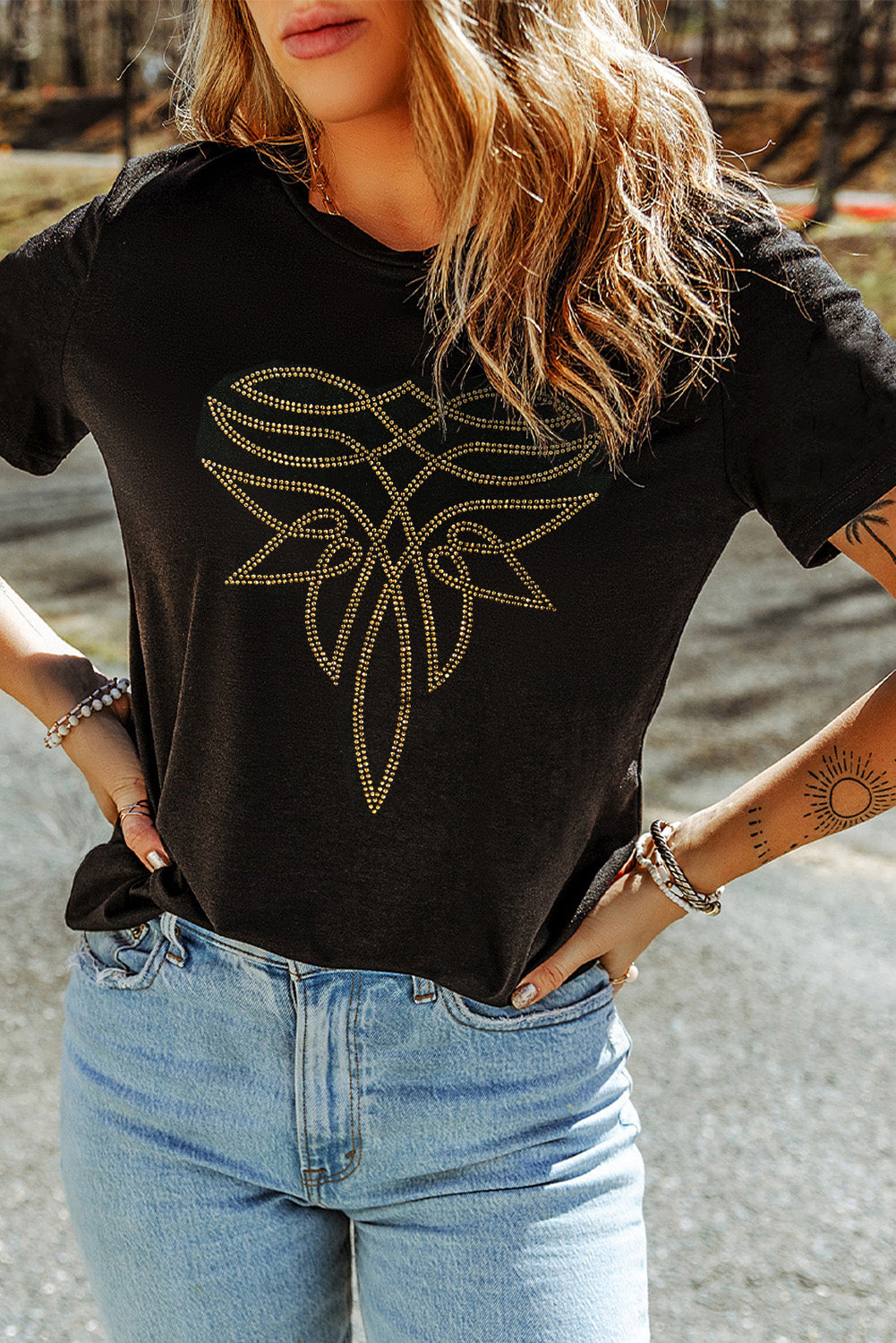 Black Rhinestone Western Pattern Cotton Blend Graphic T Shirt