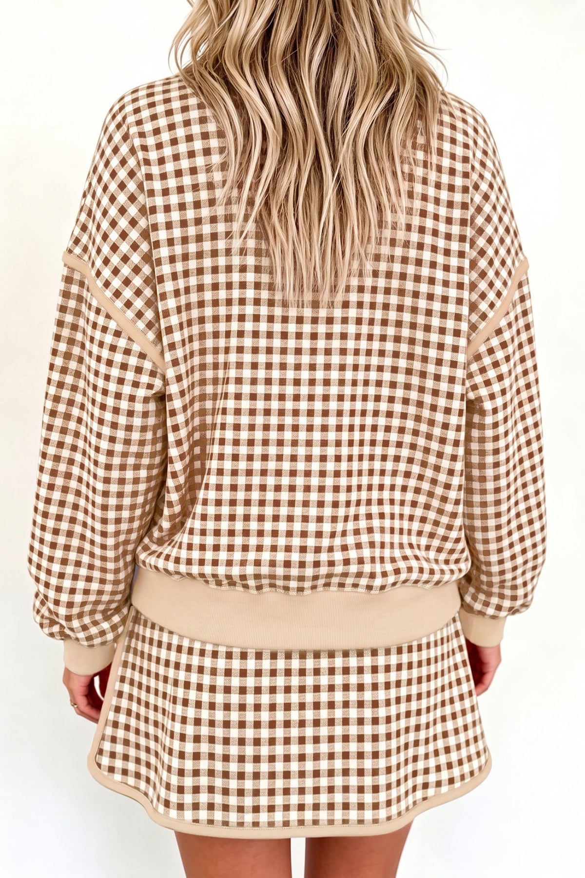 Green Gingham Oversized Ribbed Trim Crew Neck Long Sleeve Top and Skort Set