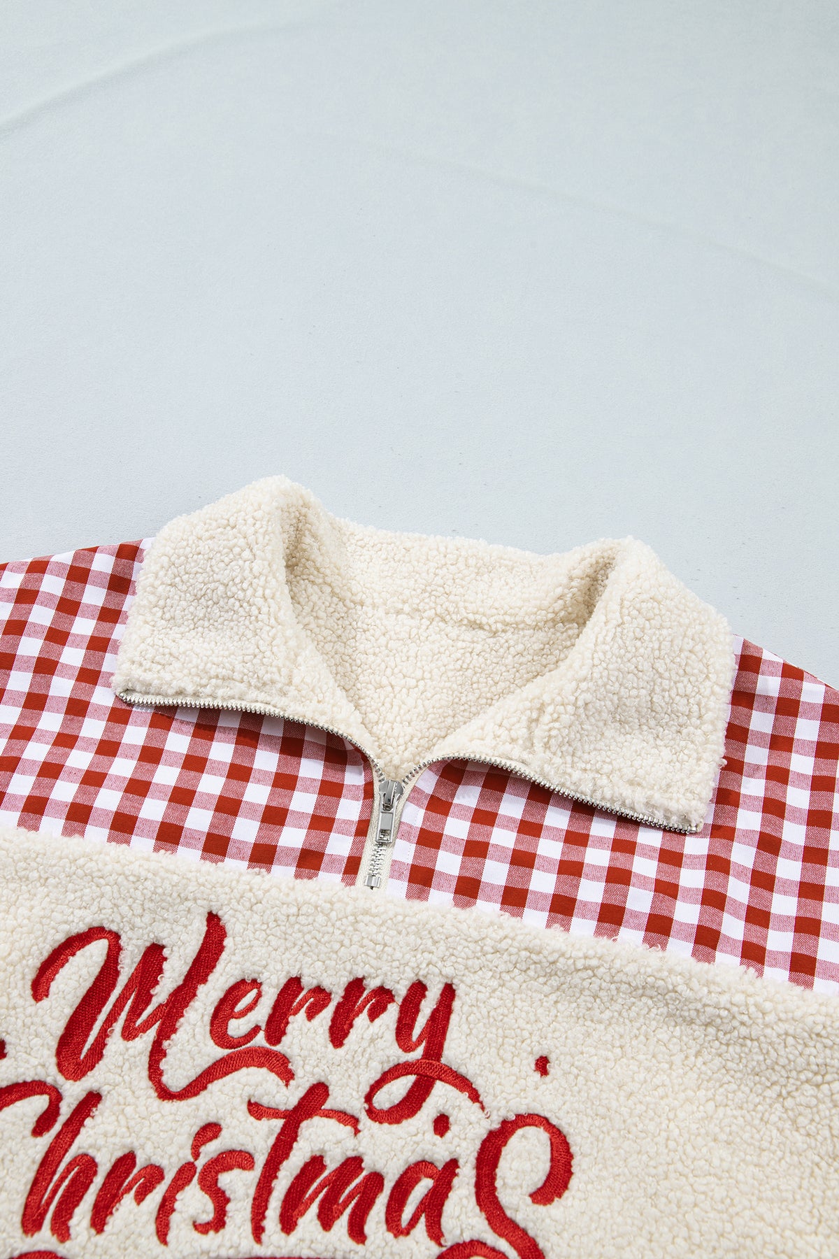 White Plush Plaid Patchwork Merry Christmas Baggy Sweatshirt