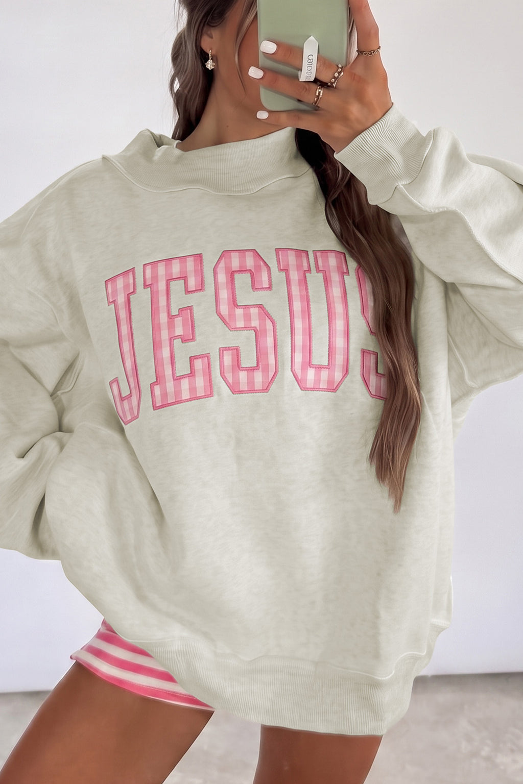 Gray High Neck Polka Dot Slogan Printed Baggy Sweatshirt
