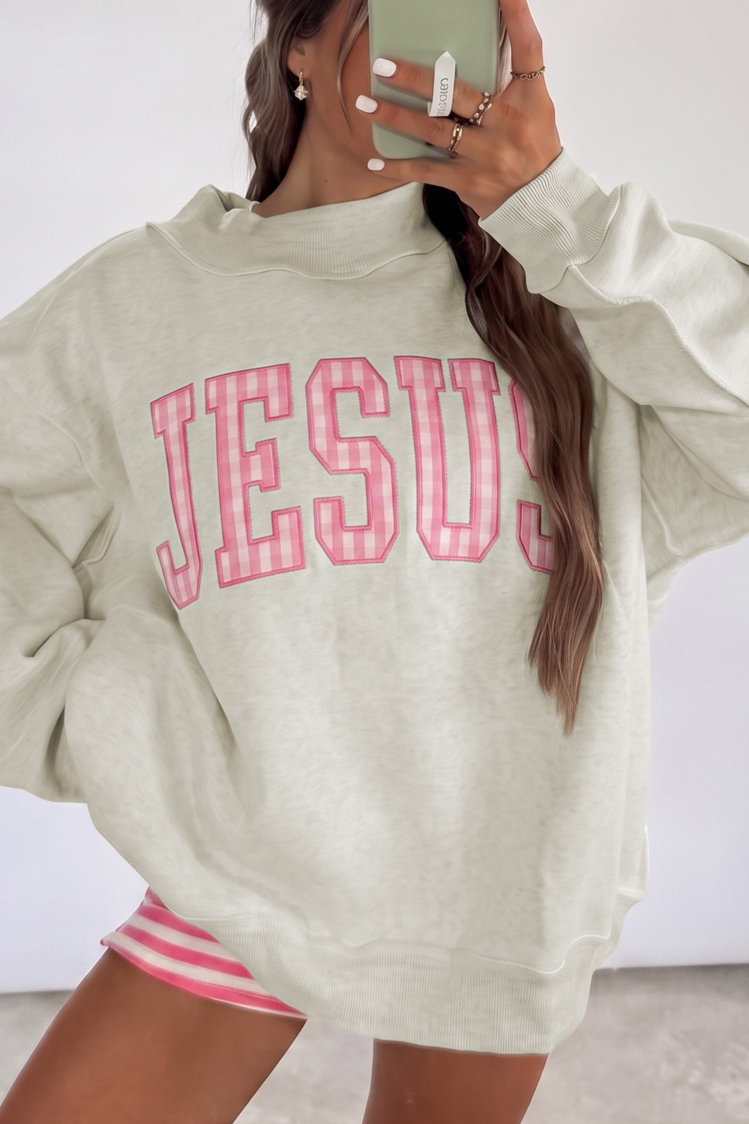 Gray High Neck Polka Dot Slogan Printed Baggy Sweatshirt