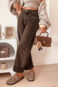 Coffee Studded Detail Straight Leg Casual Loose Jeans