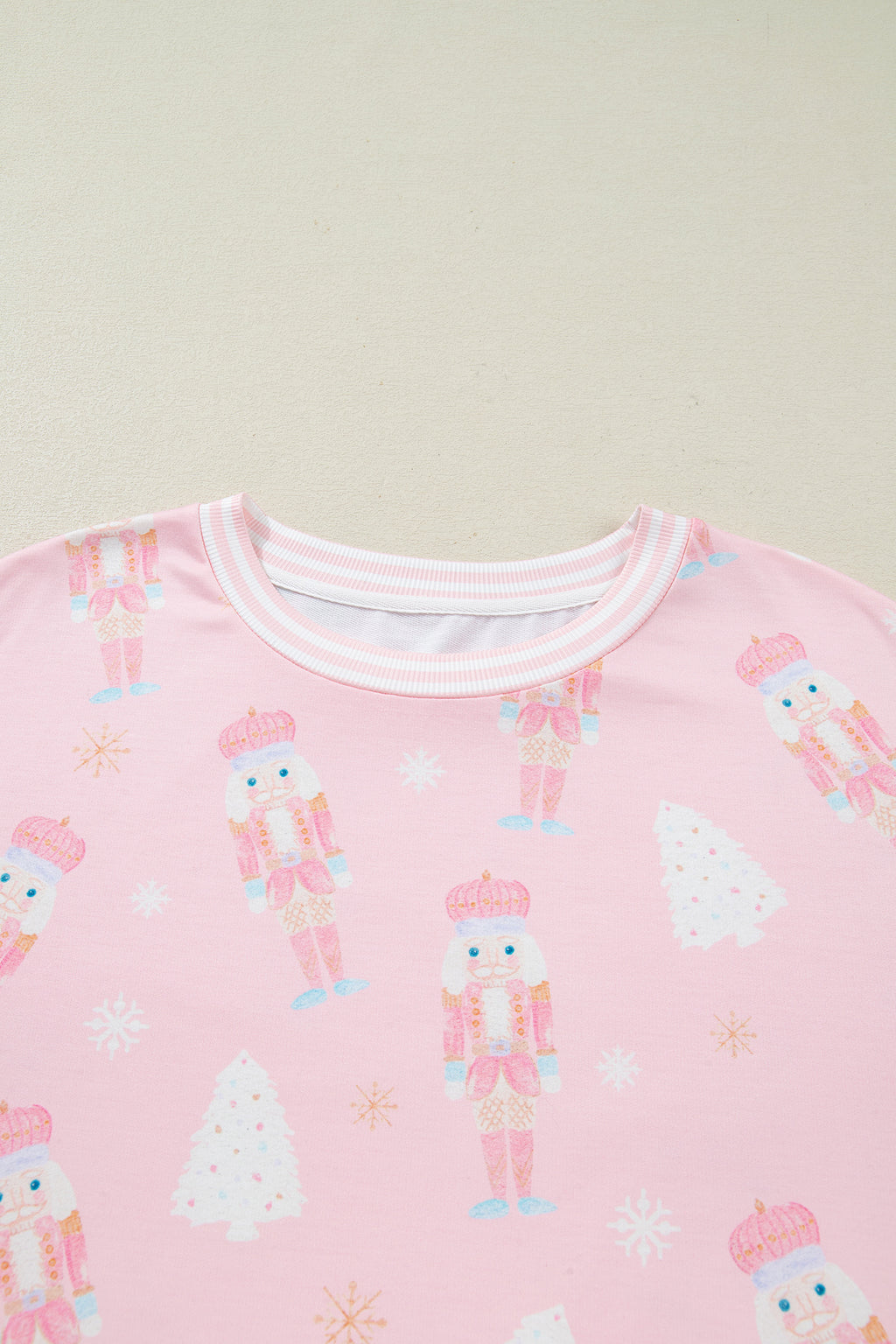 Pink Christmas Tree Nutcracker Doll Print Contrast Trim Long Sleeve Top Matching Shorts Set