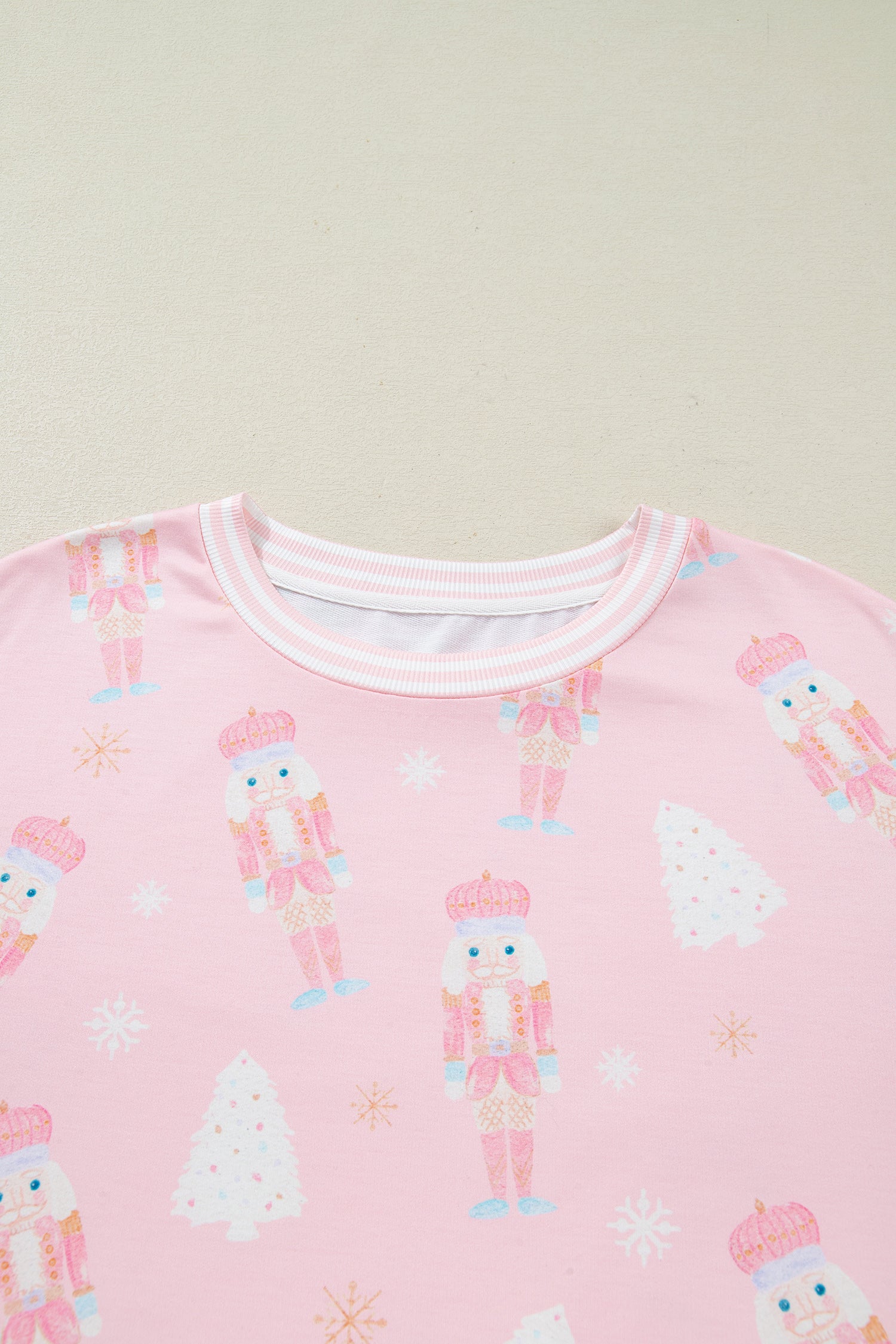 Pink Christmas Tree Nutcracker Doll Print Contrast Trim Long Sleeve Top Matching Shorts Set