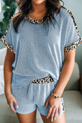 Sky Blue Leopard Trim Twist Ribbed Short Set
