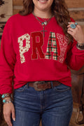Fiery Red PRAY Letter Patchwork Round Neck Long Sleeve Plus Size Sweatshirt