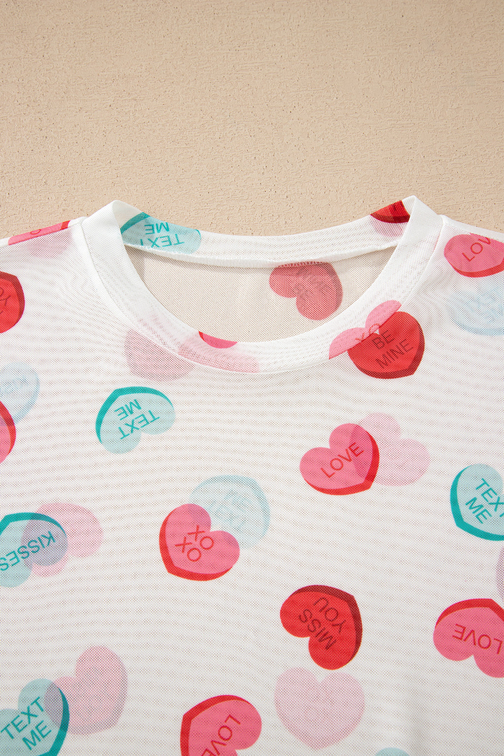 White Sheer Mesh Valentines Slogan Heart Printed Long Sleeve Top