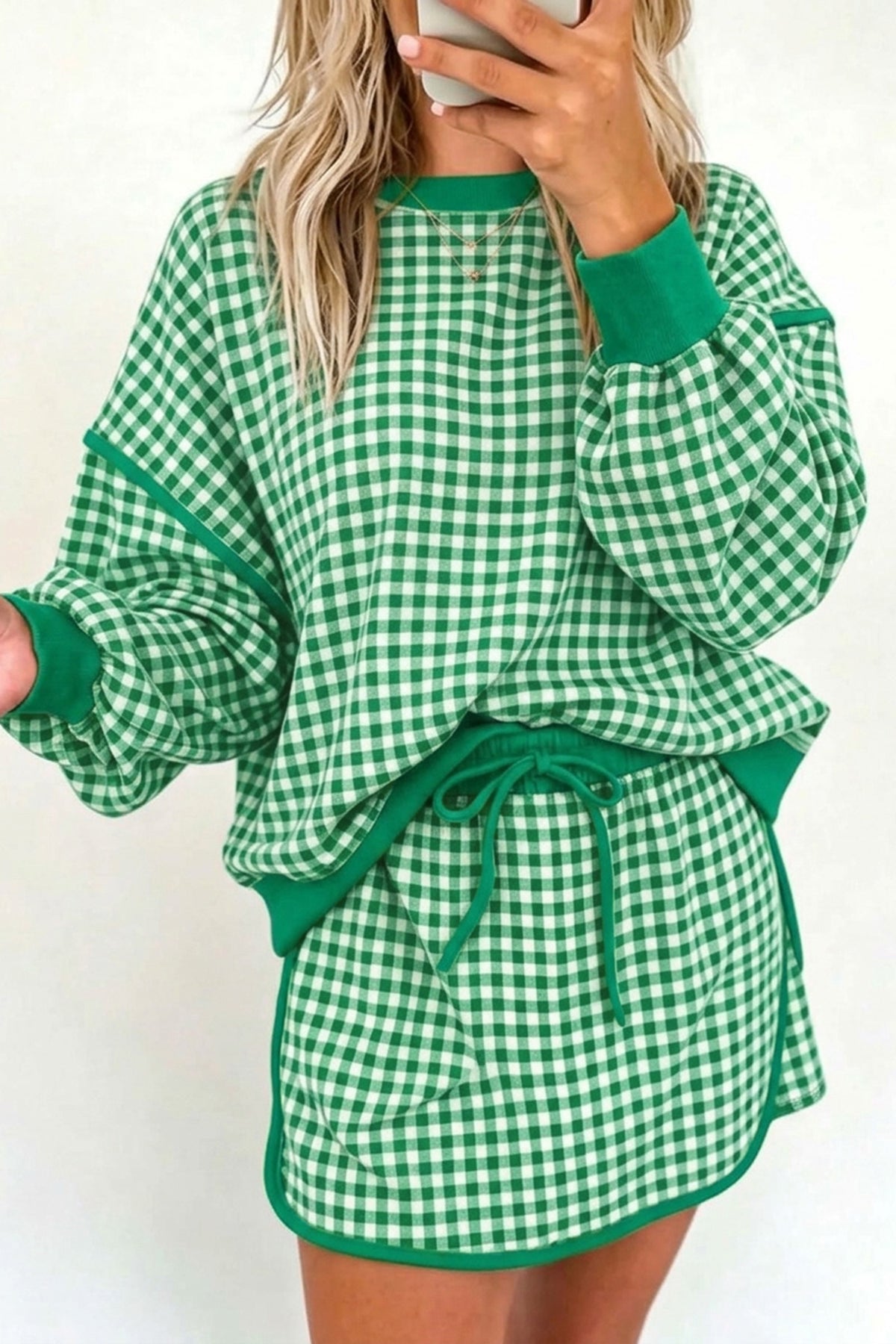 Green Gingham Oversized Ribbed Trim Crew Neck Long Sleeve Top and Skort Set