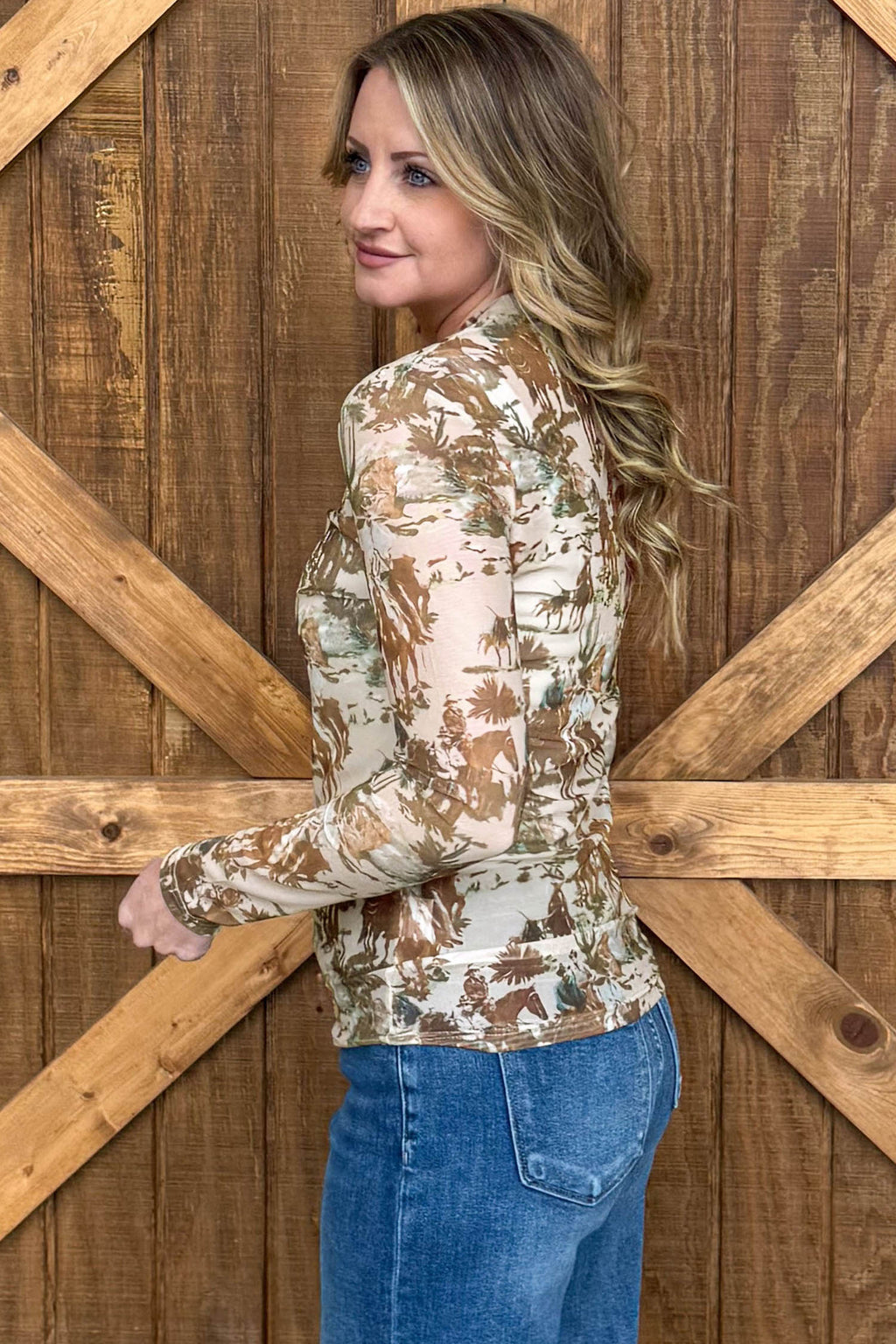 Brown Western Cowboy Floral Print Sheer Mesh Long Sleeve Top