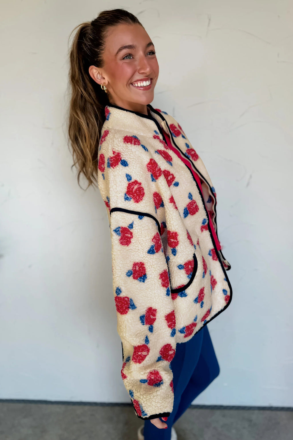 White Floral Print Zipper Stand Neck Outerwear Fleece Coat