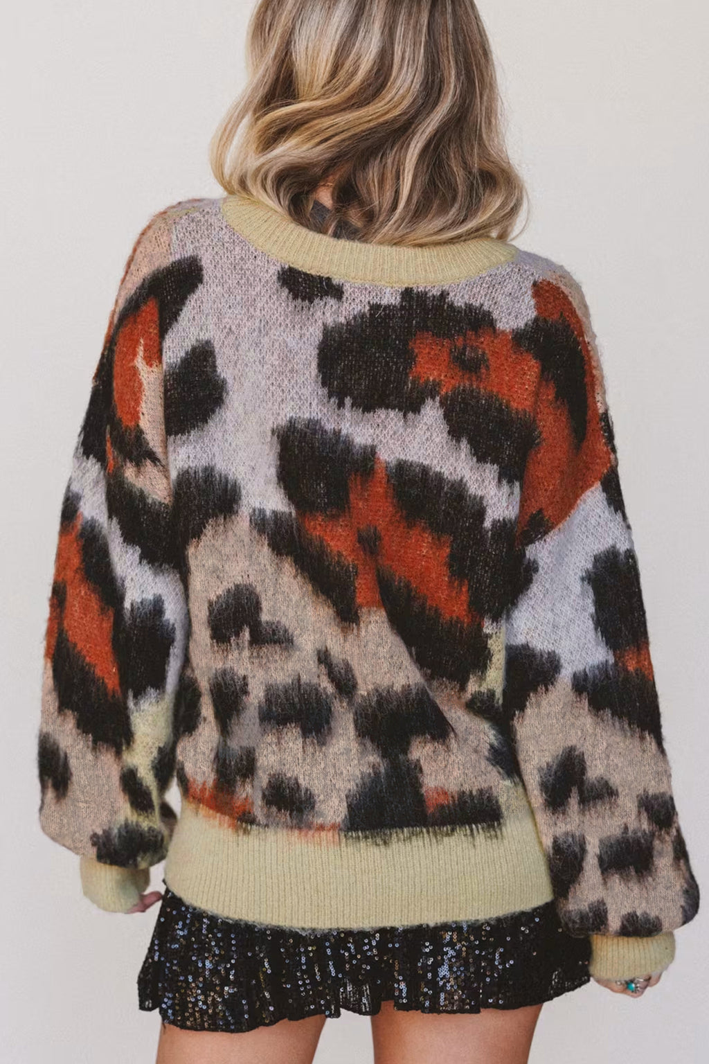 Khaki Leopard Print Drop Shoulder Long Sleeve Round Neck Sweater