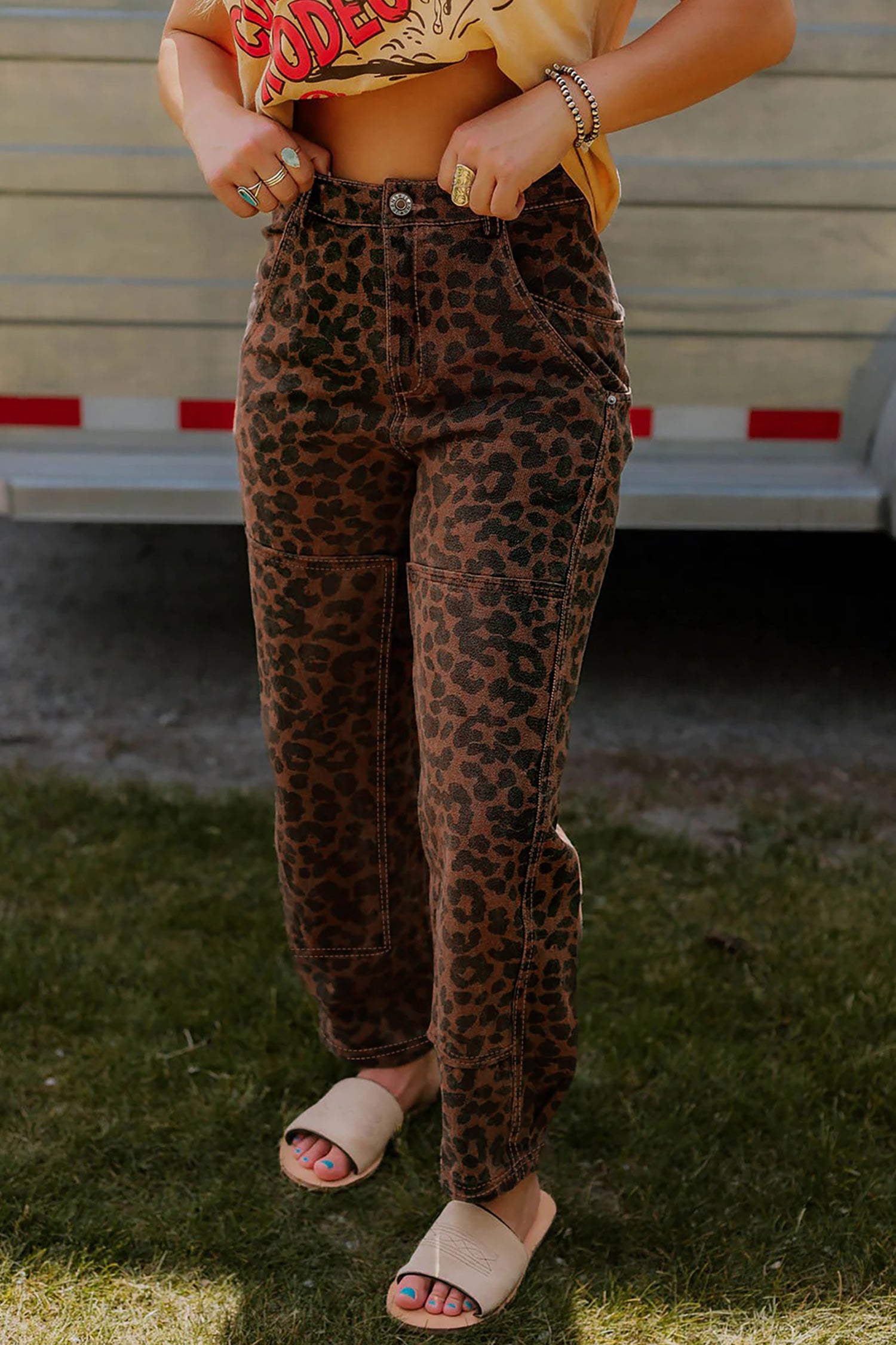 Brown Clear Seam Detail Patchwork Leopard Print Jeans