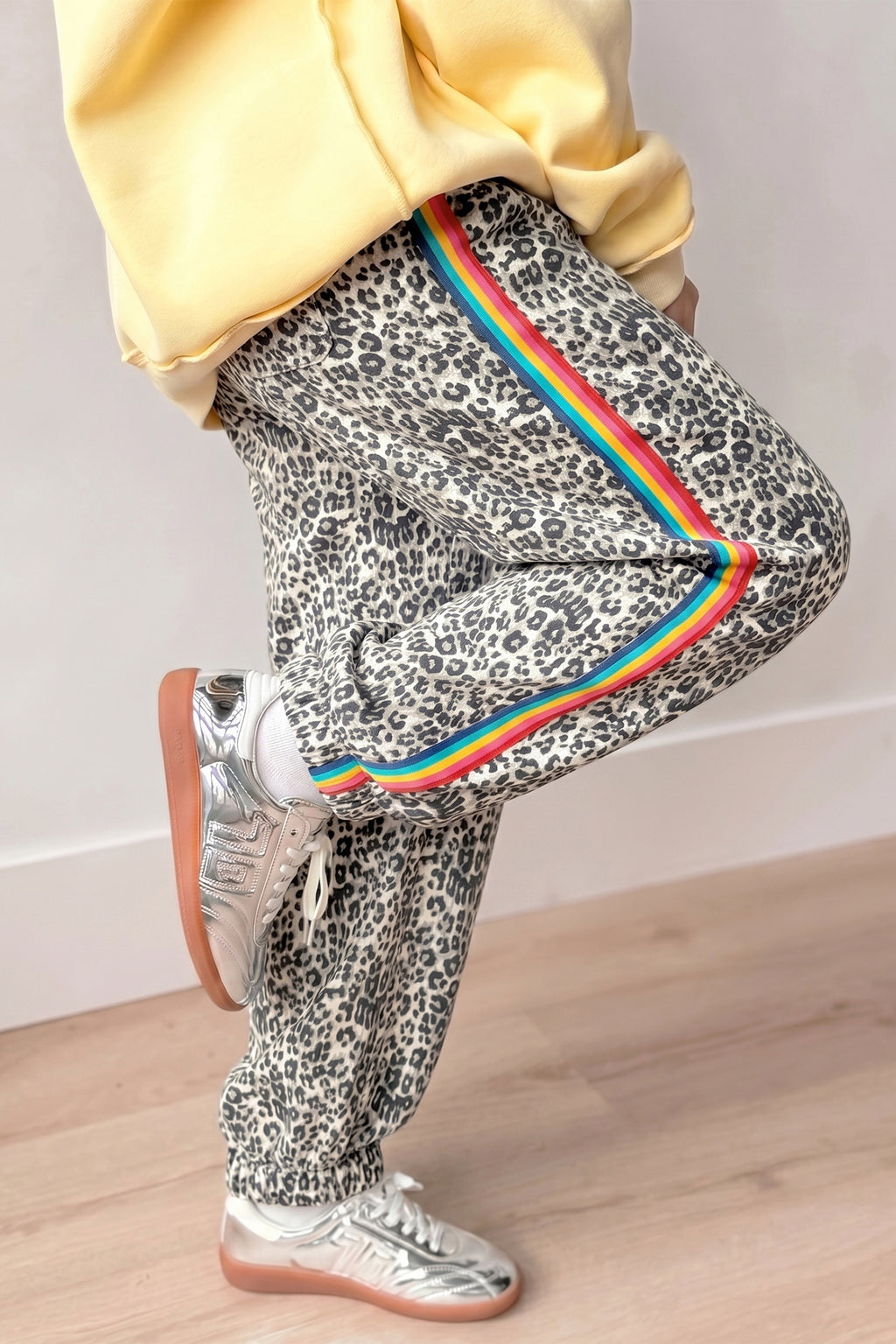 Brown Leopard Print Rainbow Striped Detail Buttoned Loose Jogger Jeans