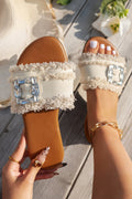 White Frayed Wide Band Rhinestone Buckle Detail Slippers
