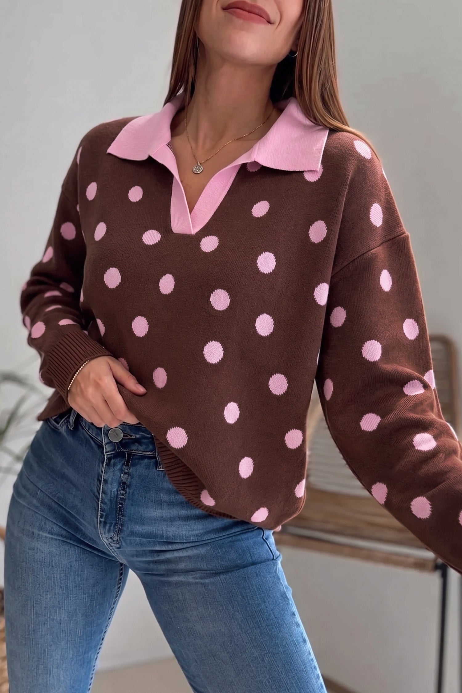 Pink Polka Dot Pattern Color Block Collared Loose Pullover Sweater