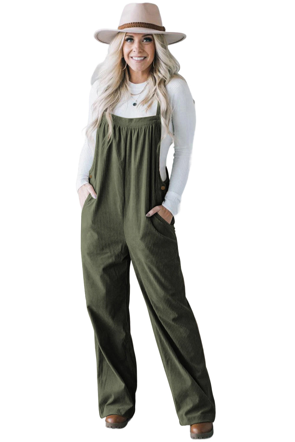 Jungle Green Button Adjustable Straps Solid Color Corduroy Jumpsuit
