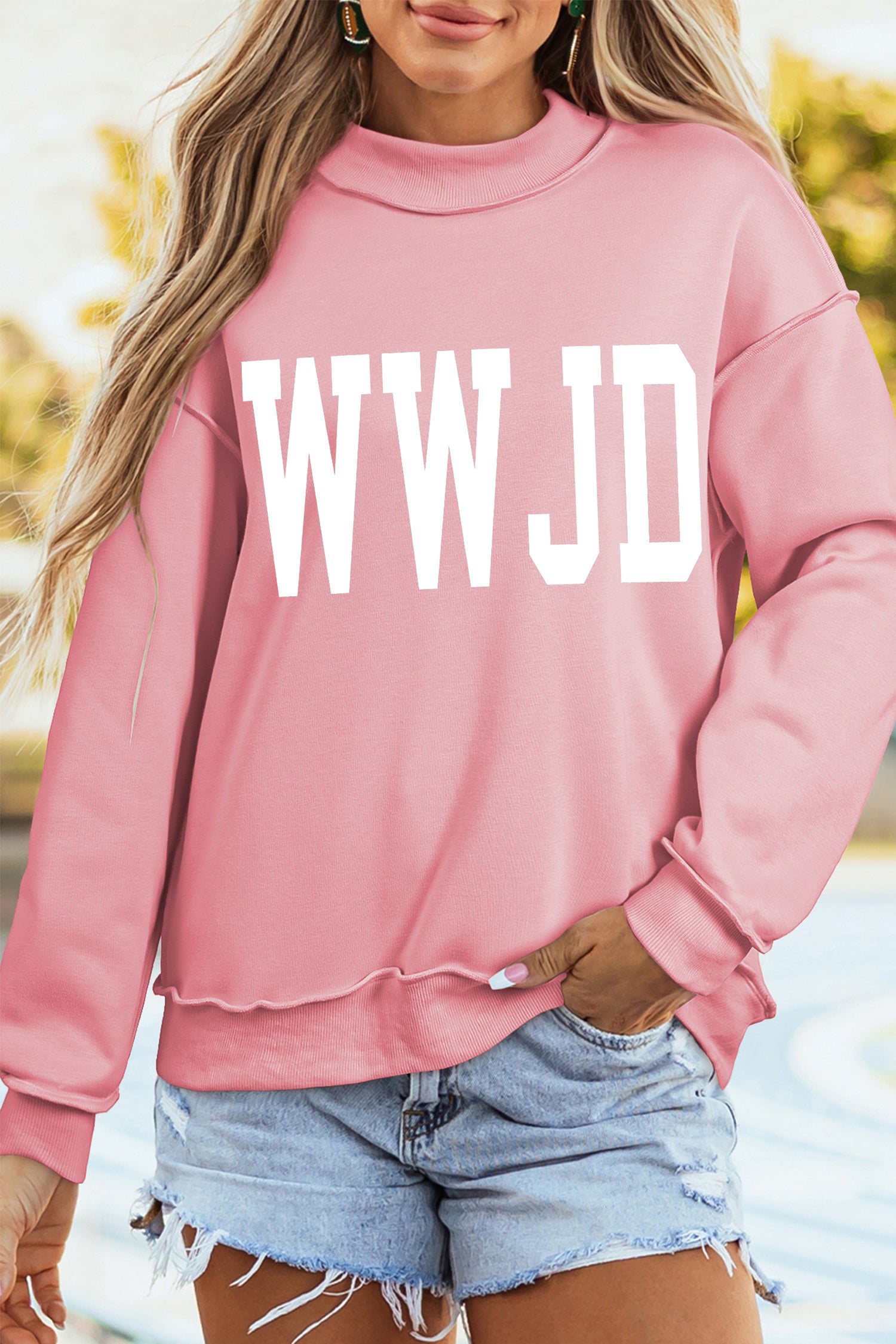 Light Pink WWJD/ AMEN Double Side Printed Mock Neck Reversible Sweatshirt
