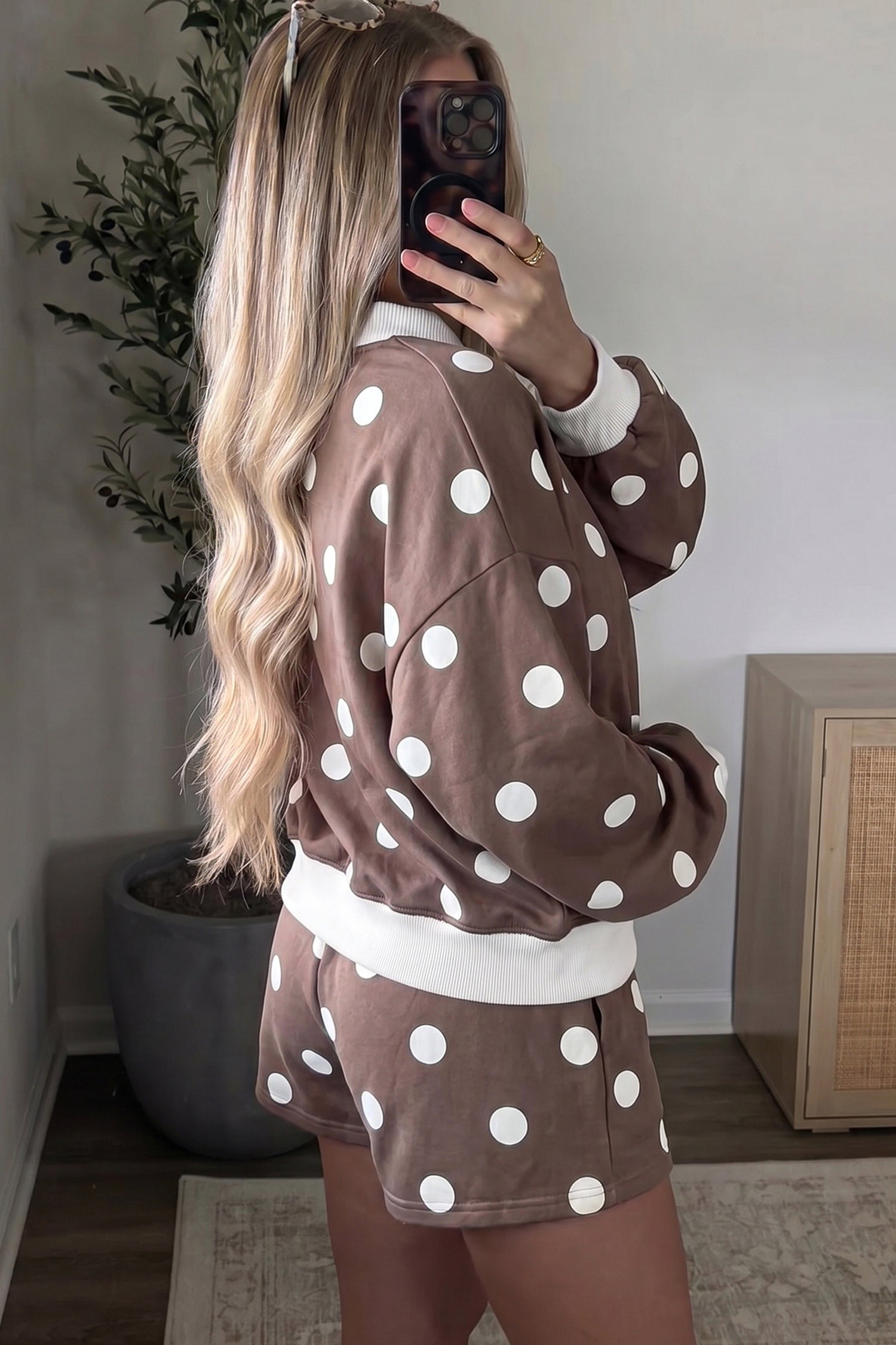 Brown Polka Dot Ribbed Trim Long Sleeve Top Casual Short Set