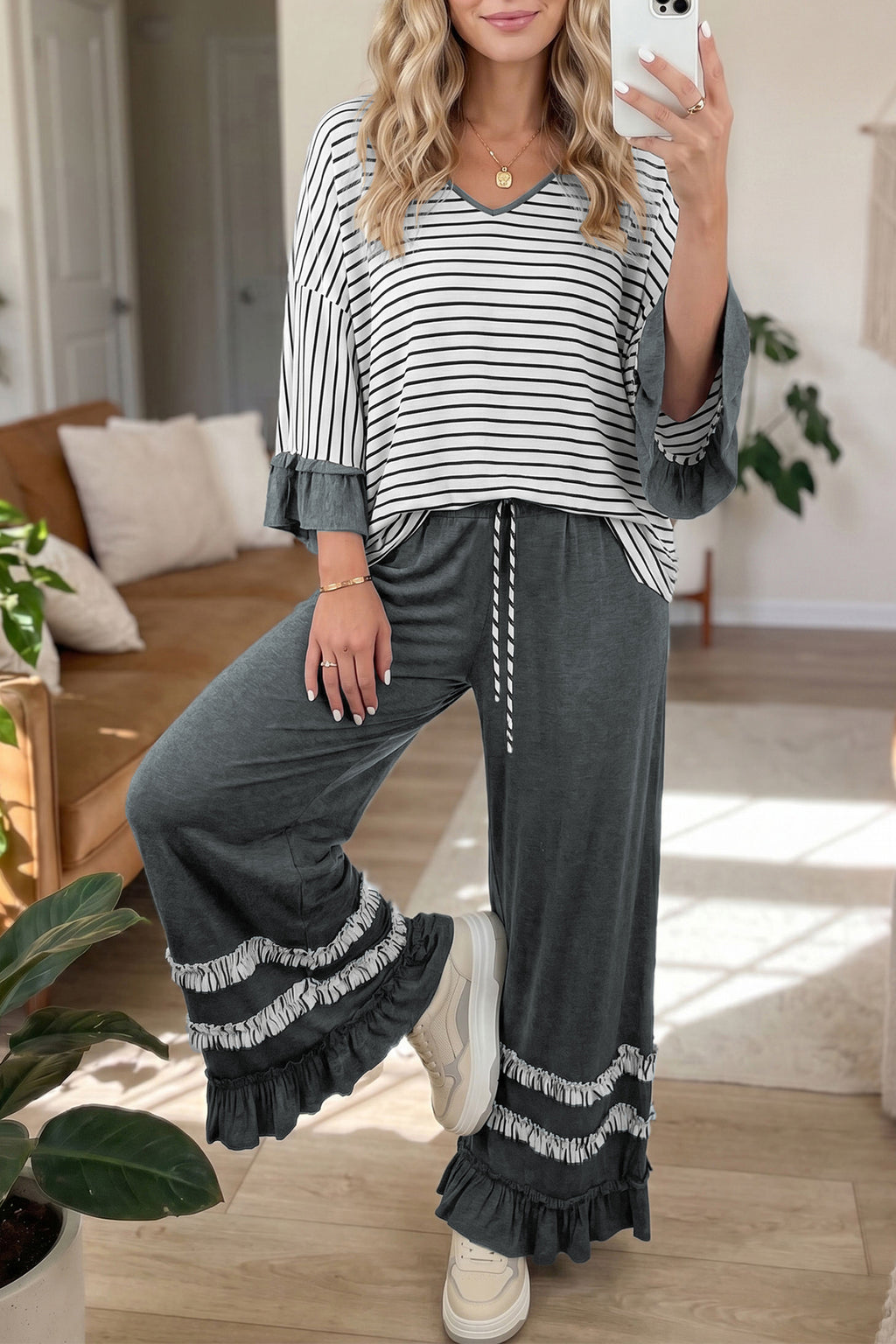 Gray Stripe V Neck Ruffle Contrast Sleeve Top Drawstring Pants 2pcs Set