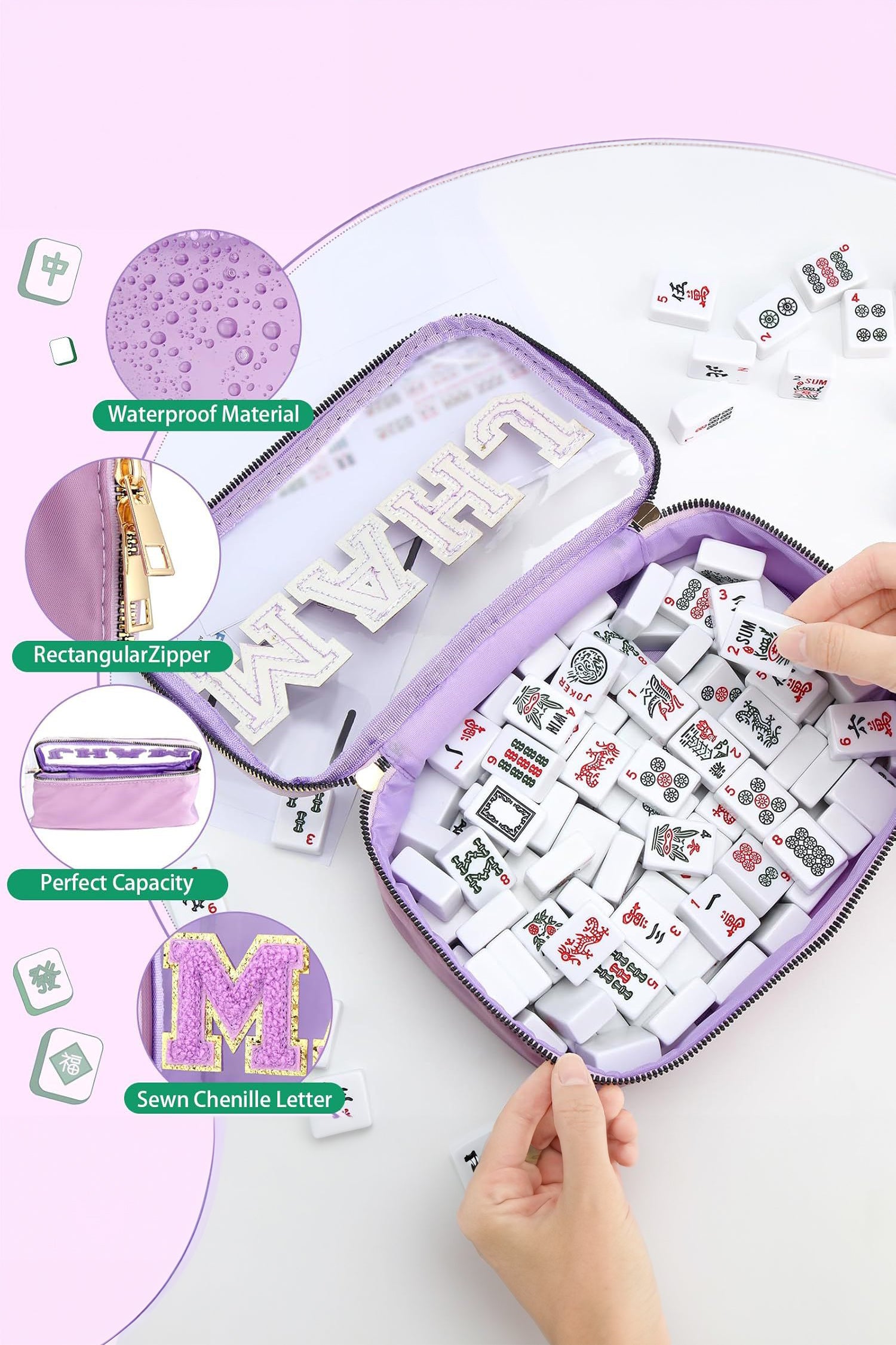 Wisteria MAHJ Chenille Patched PVC Clear Waterproof Zip Storage Bag