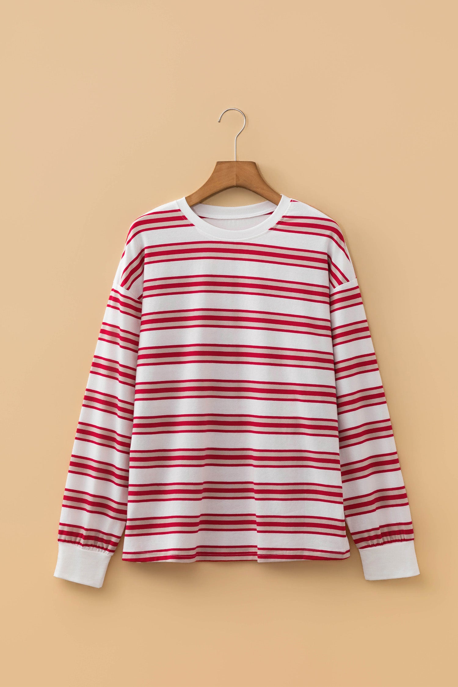 Red Stripe Dropped Shoulder Long Sleeve Casual Pullover Top