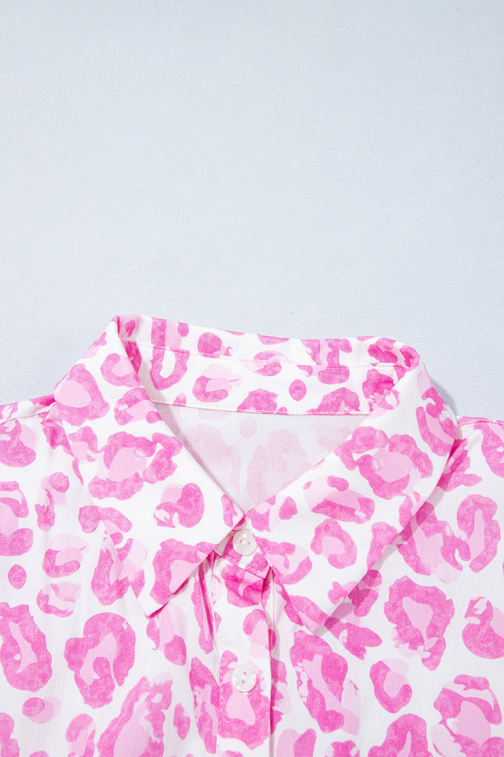 Pink Abstract Leopard Print Tie Waist Puff Sleeve Mini Shirt Dress