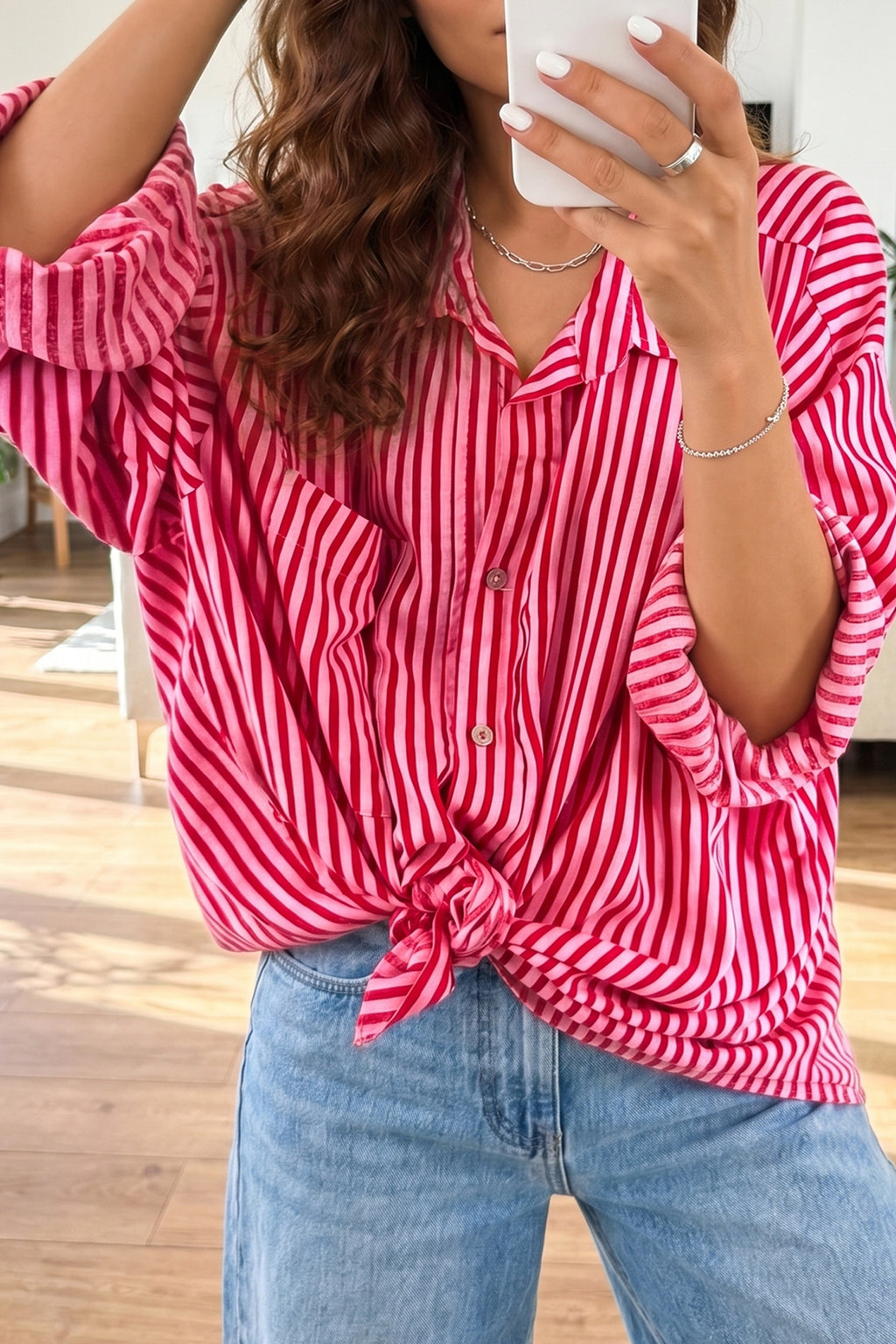 Red Stripe Button-Up Shirt Long Sleeve Patch Pocket Casual Shirt