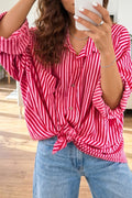 Red Stripe Button-Up Shirt Long Sleeve Patch Pocket Casual Shirt