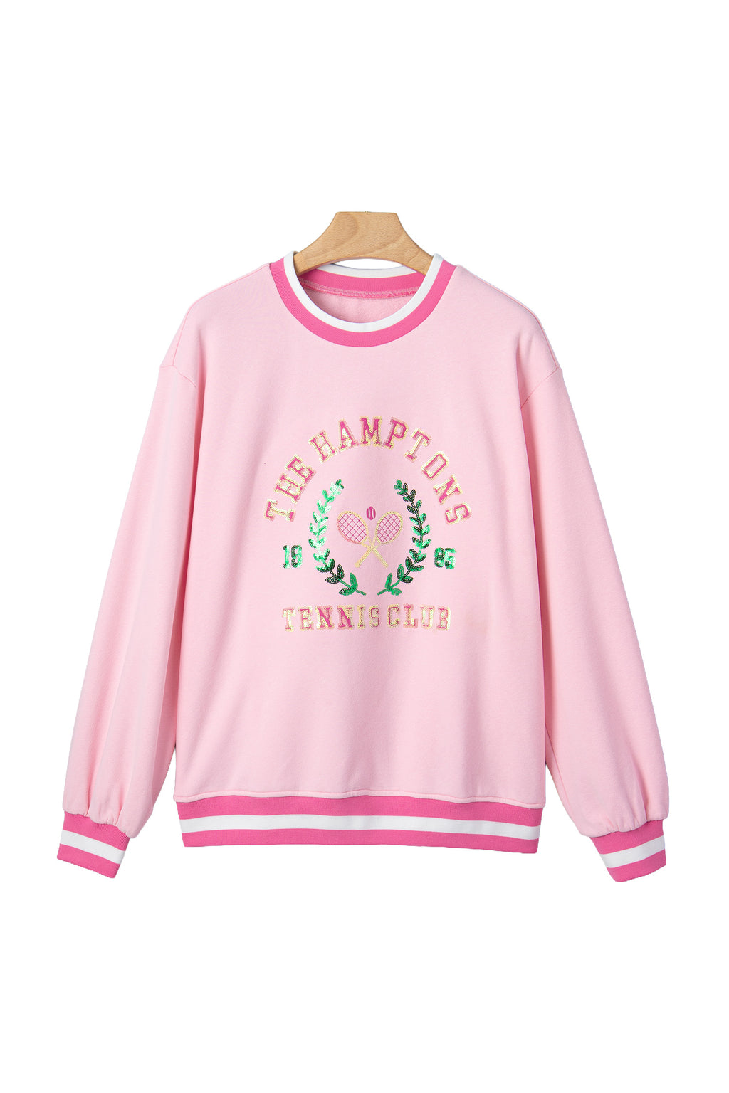 Pink Embroidered Tennis Club Crew Neck Pullover Sweatshirt